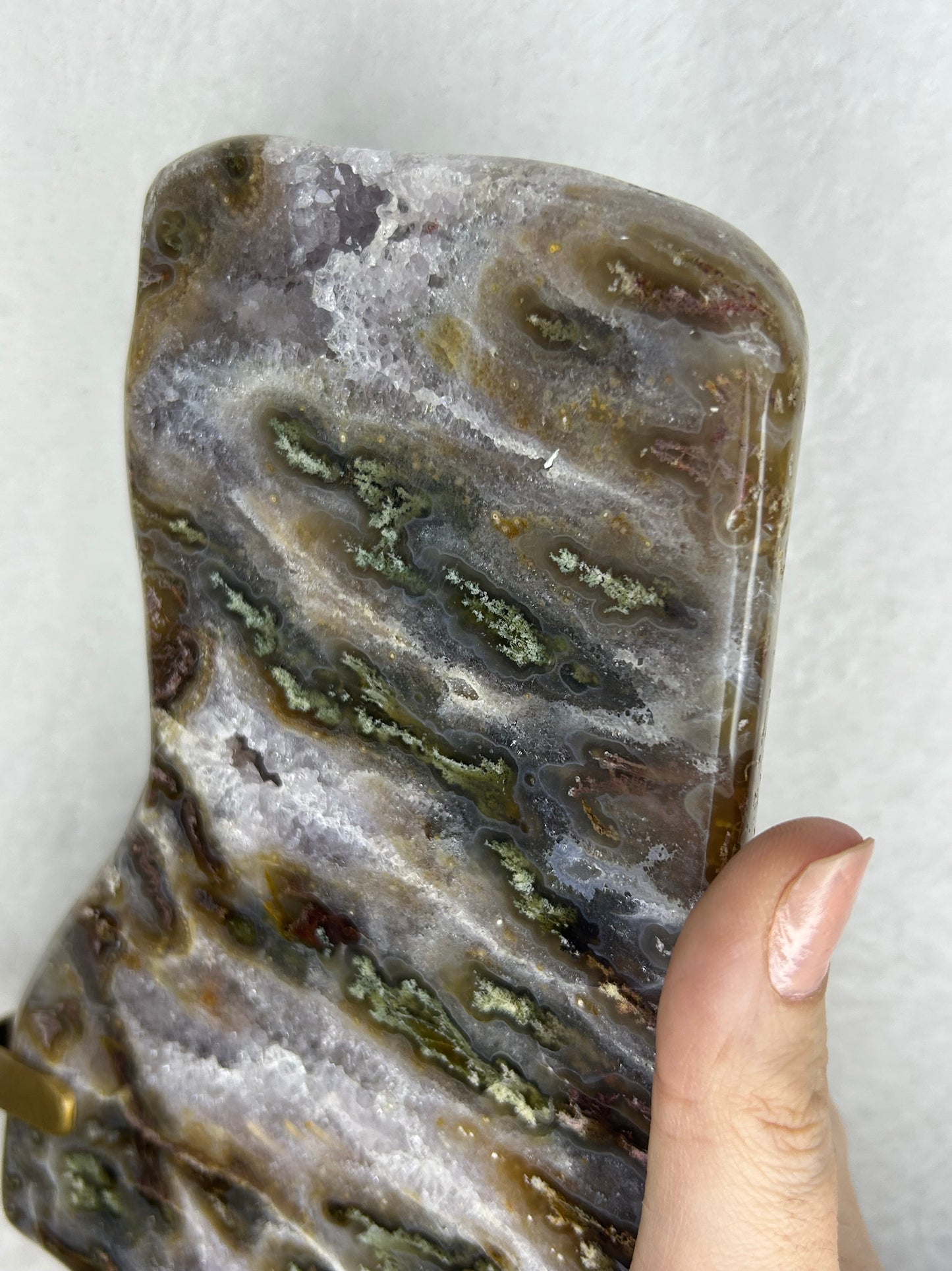 Druzy Agate w/ moss inclusions slab on stand