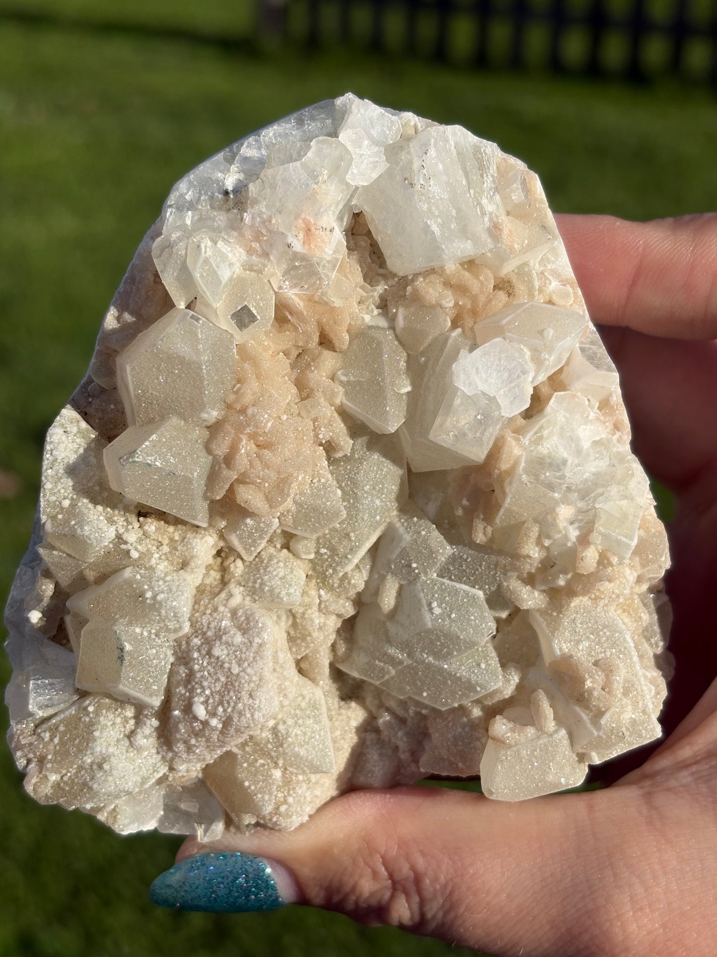 AAA Green & Gold Sugary coated Apophylite w/ Peach Stillbite Cluster