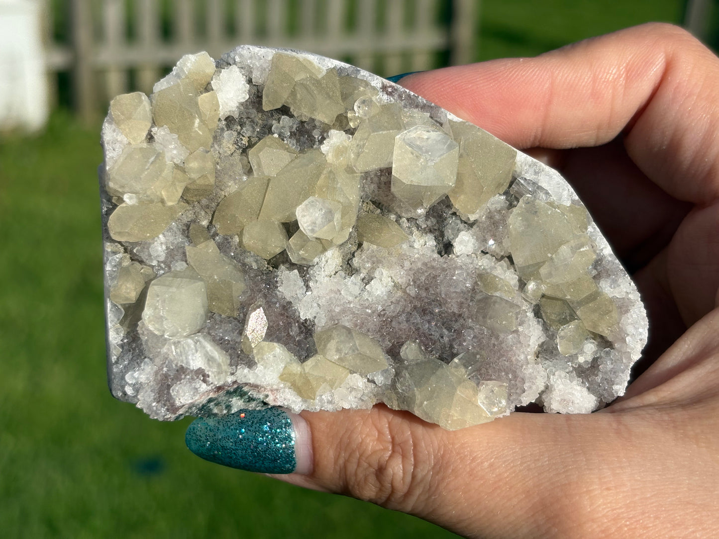 AAA Green Golden Apophylite on Vibrant Pink Druzy Bubble Chalcedony Cluster