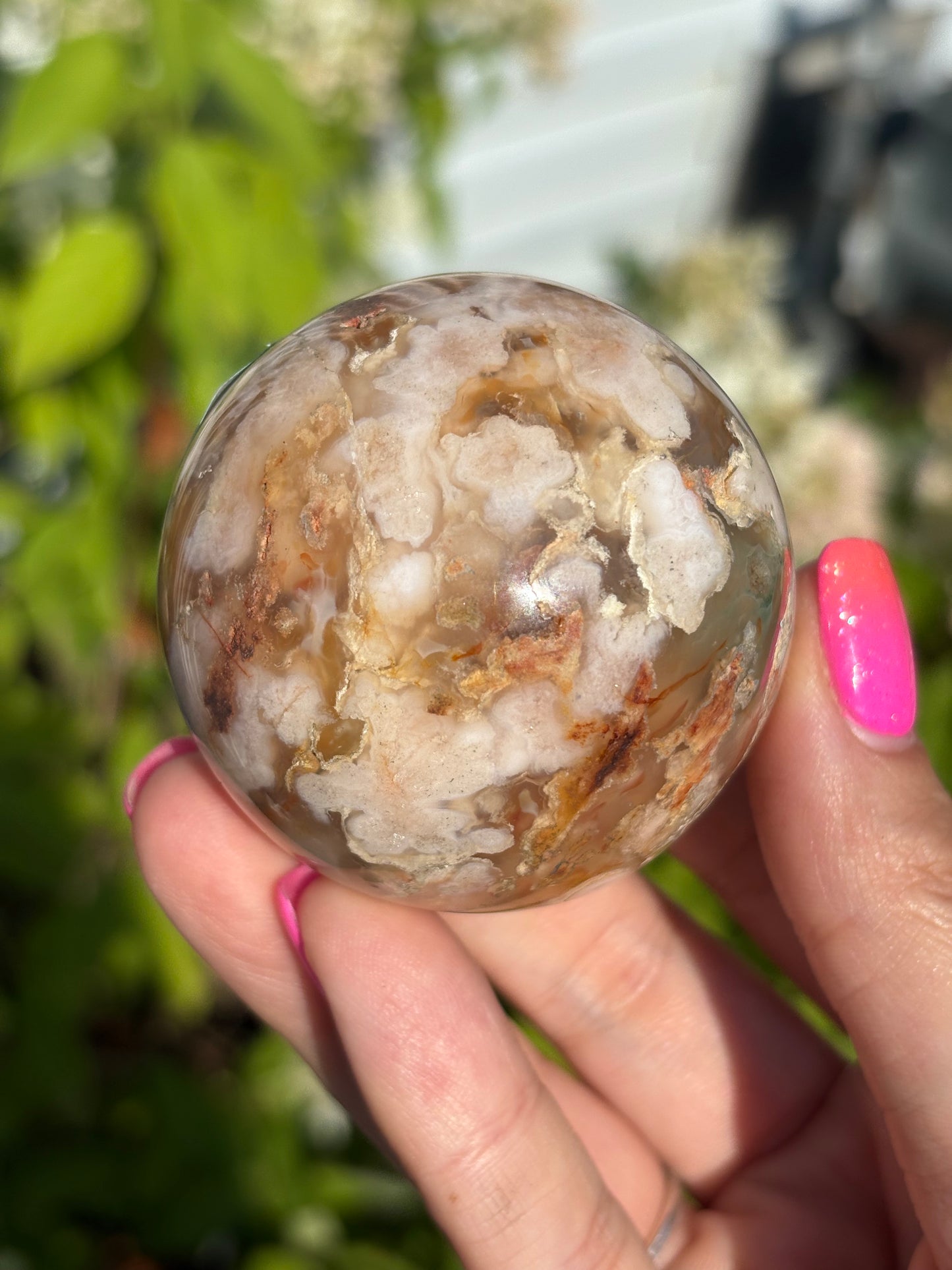 Carnelian flower agate sphere