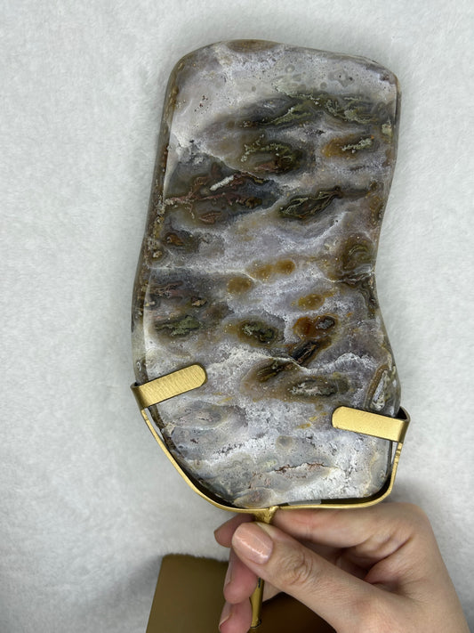 Druzy Agate w/ moss inclusions slab on stand