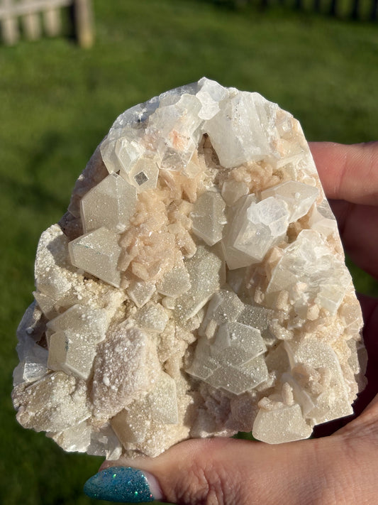 AAA Green & Gold Sugary coated Apophylite w/ Peach Stillbite Cluster