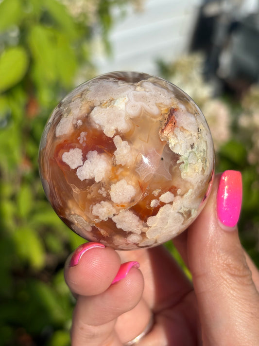 Carnelian flower agate sphere