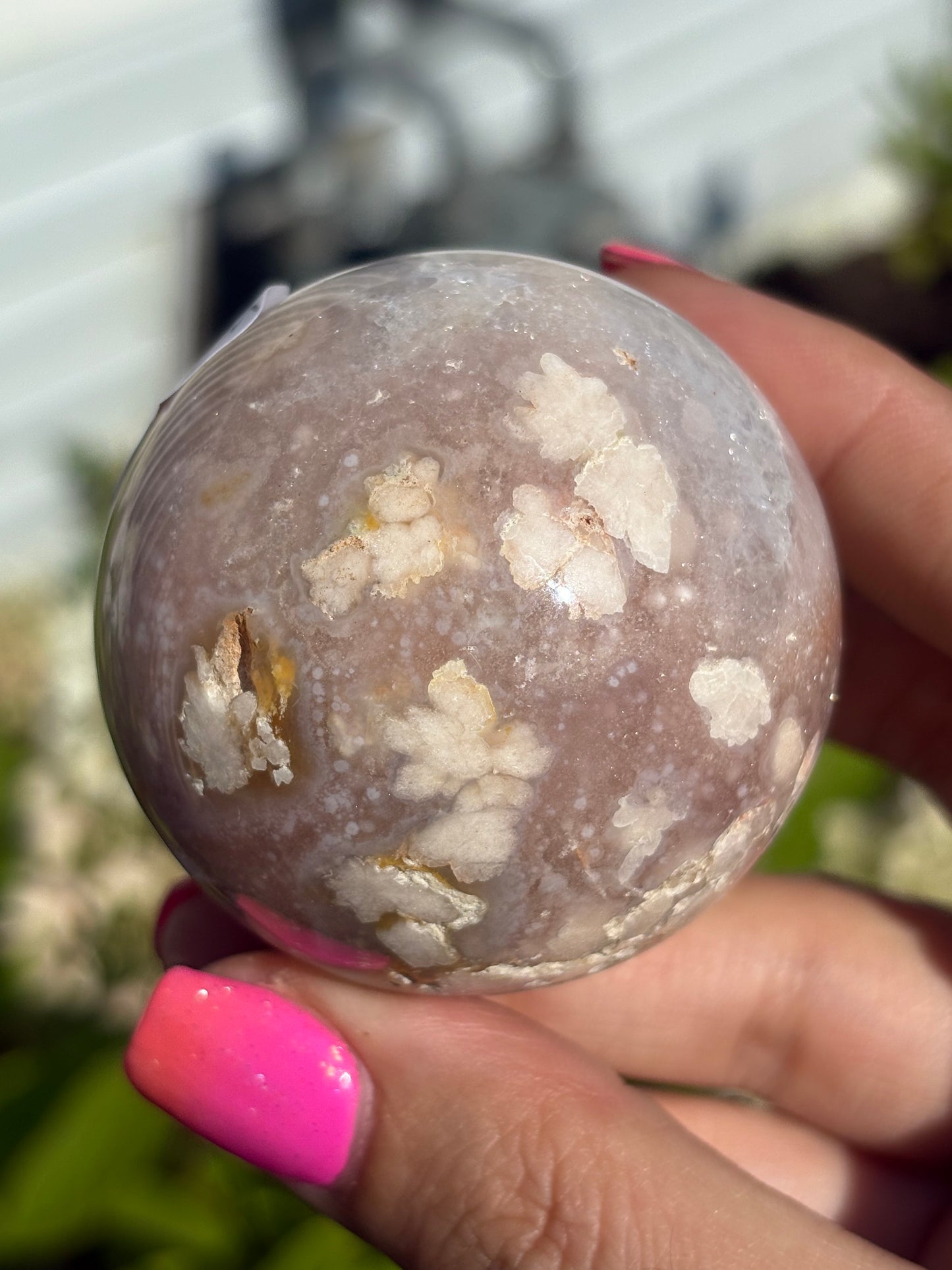 Pink flower agate sphere