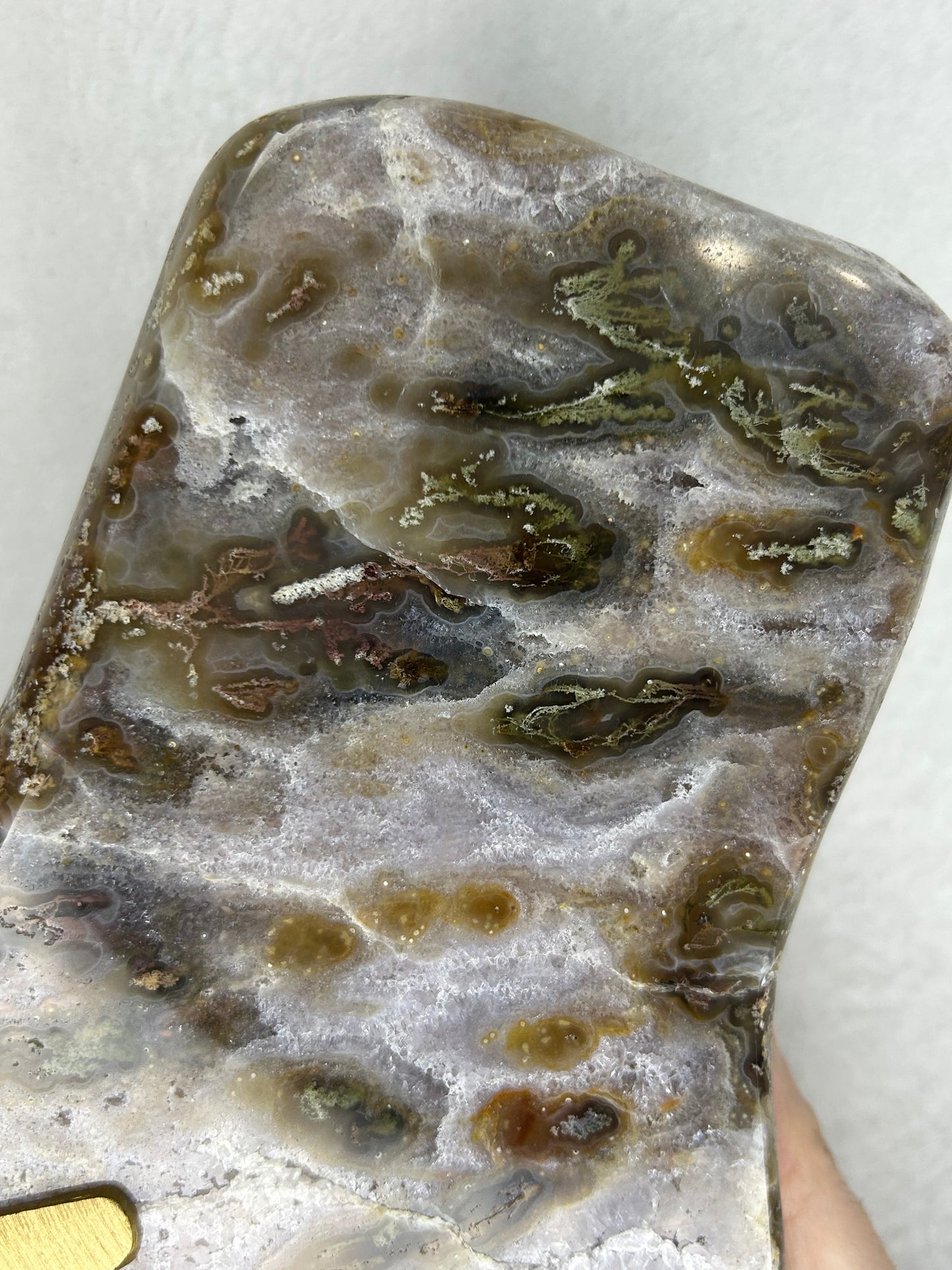 Druzy Agate w/ moss inclusions slab on stand