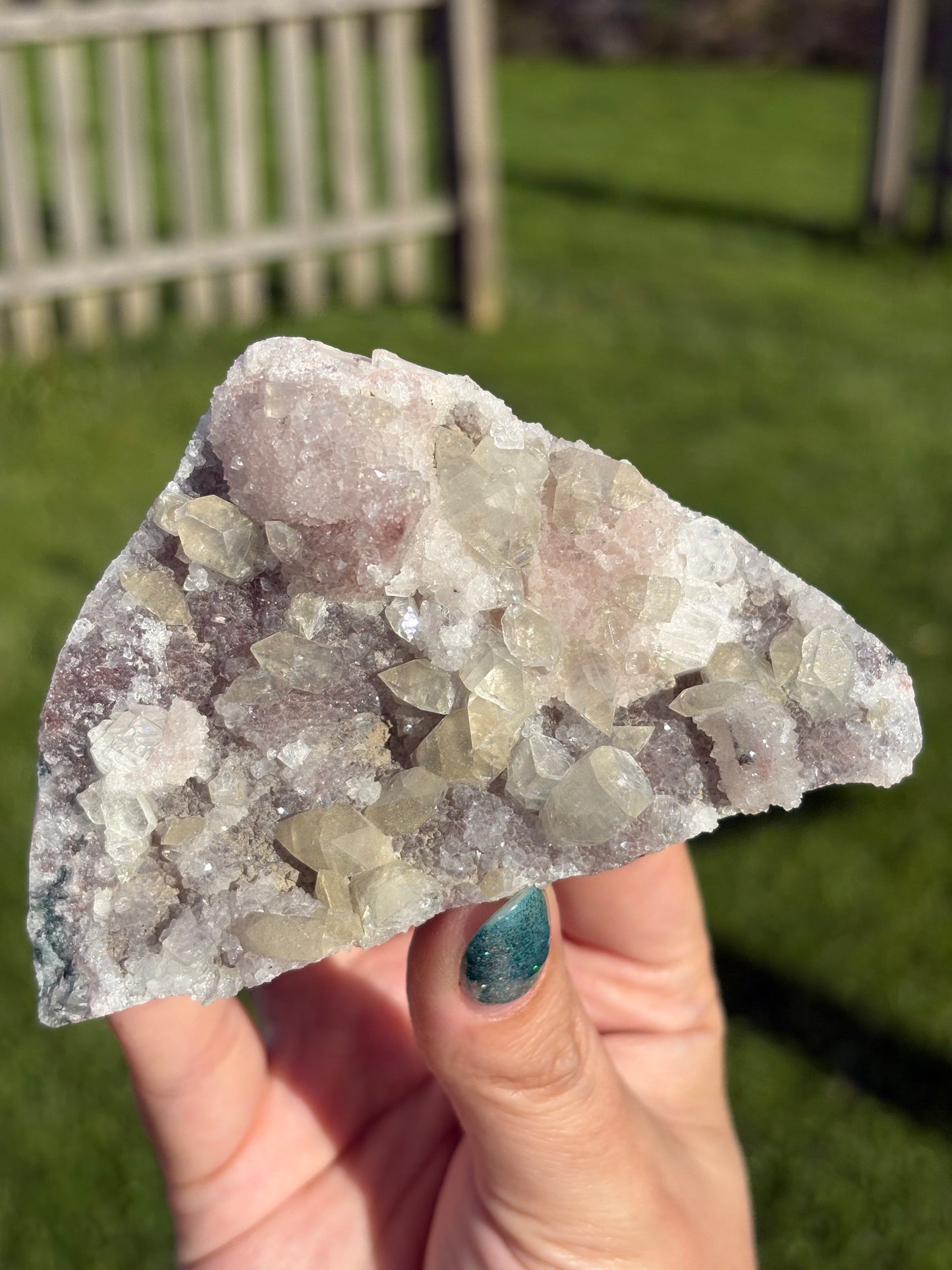 AAA Green Golden Apophylite on Vibrant Pink Druzy Bubble Chalcedony Cluster