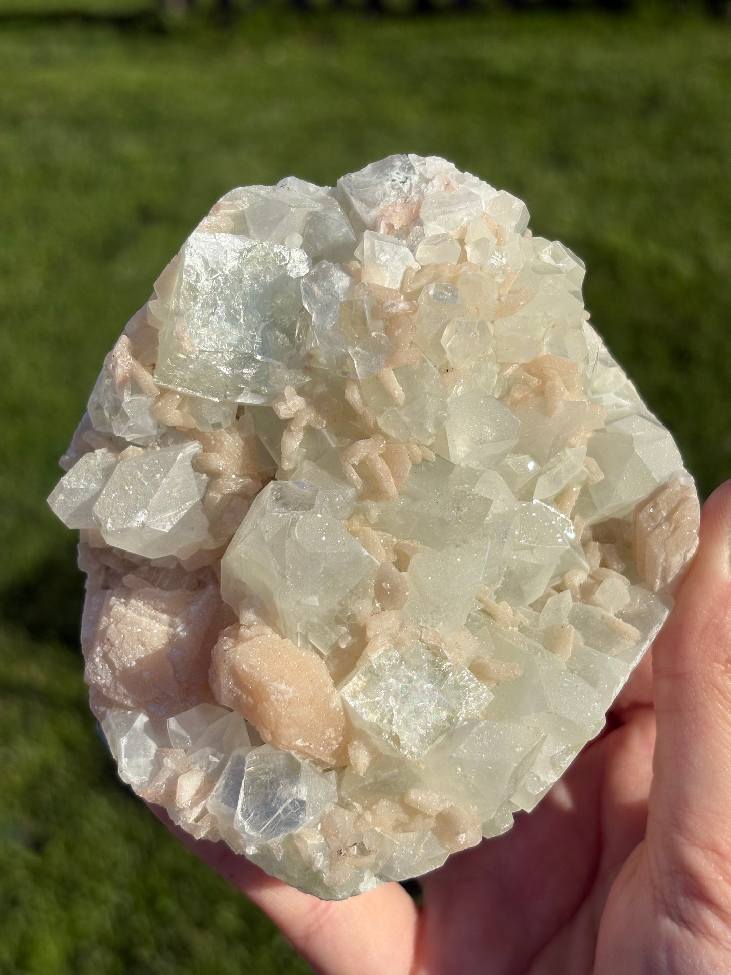 AAA Green & Gold Sugary coated Apophylite w/ Peach Stillbite Cluster
