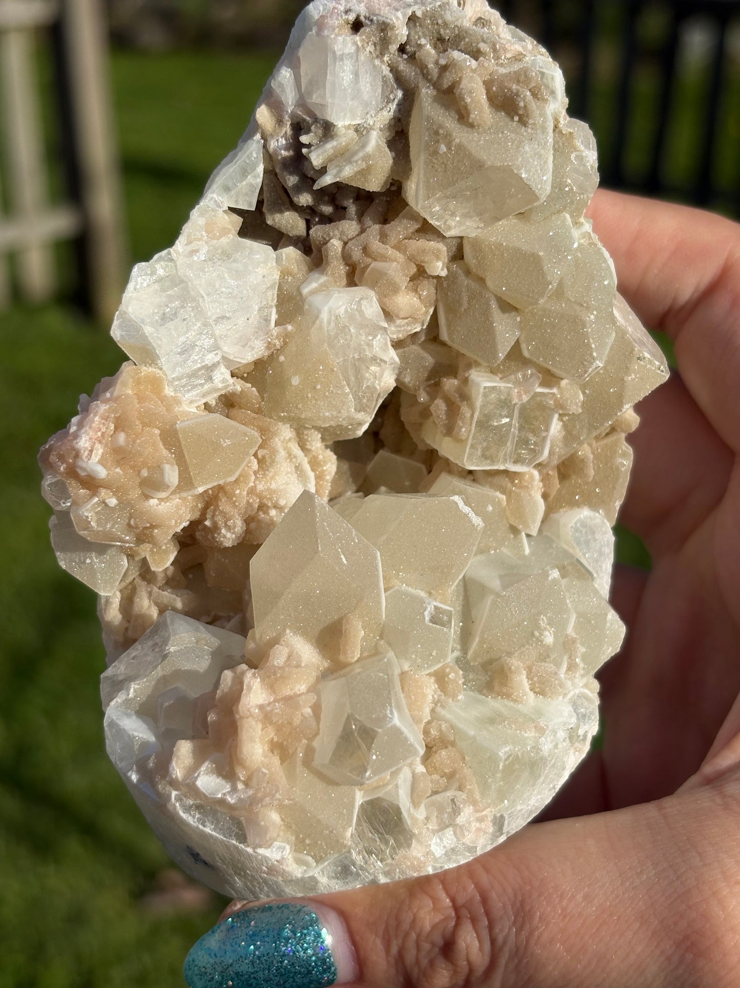 AAA Green & Gold Sugary coated Apophylite w/ Peach Stillbite Cluster