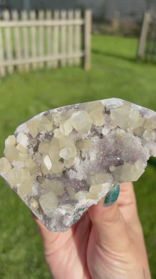 AAA Green Golden Apophylite on Vibrant Pink Druzy Bubble Chalcedony Cluster