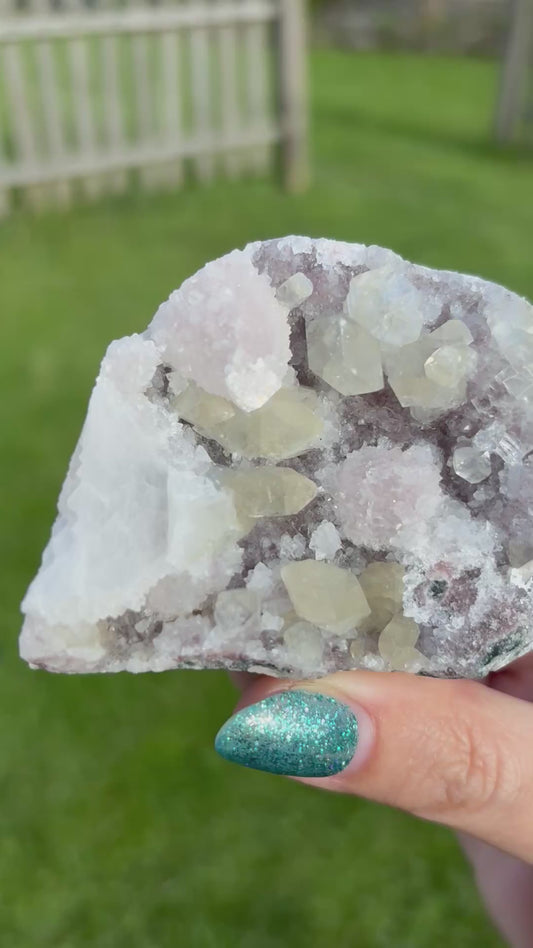 AAA Green Golden Apophylite on Vibrant Pink Druzy Bubble Chalcedony Cluster